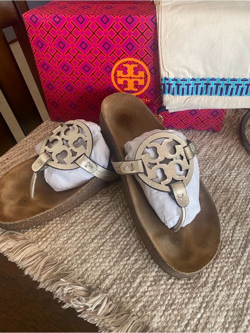 Tory Burch Metallic Gold Logo Thong Sandals with Brown Footbed